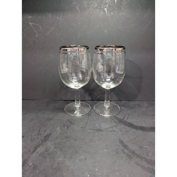 Silver Rimmed Wine Glasses, Set of 2, Vintage Stemware, Midcentury 10 Oz Barware - Picture 2 of 9